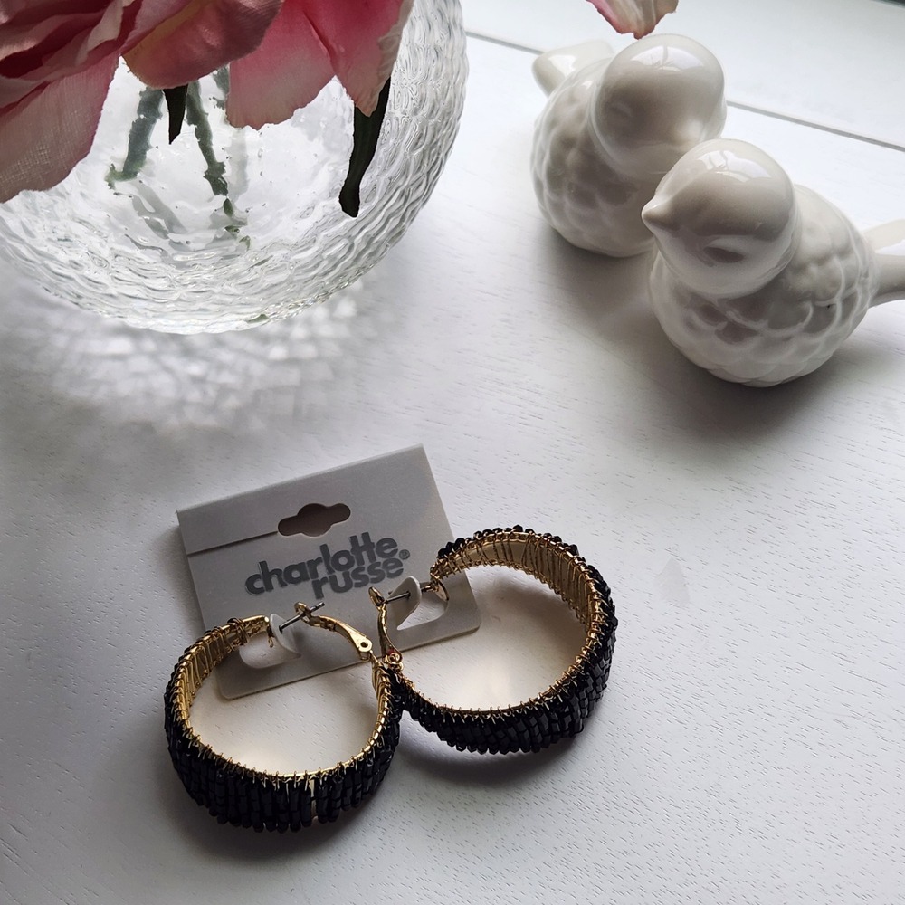 Charlotte Russe Gold Black Seed Bead Wire Wrapped Hoop Earrings NWT